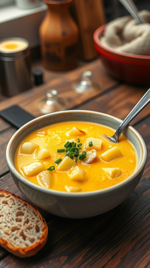 A bowl of creamy potato soup garnished with chives on a wooden table next to a slice of bread.